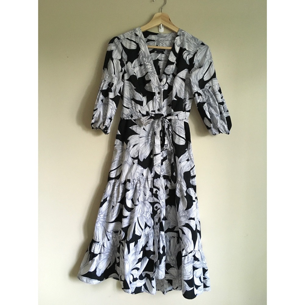 Maeve Anthropologie Floral Midi Dress Black White Cotton Tiered V-Neck Size 0P